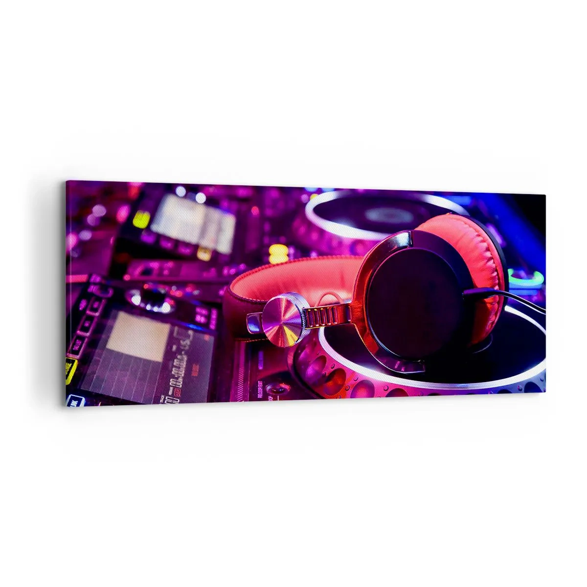 Impression sur toile - Image sur toile - Casque DJ sur une console avec éclairage néon - 120x50cm - Avant que le plaisir ne commence - Décoration murale moderne pour le salon et la chambre ARTTOR