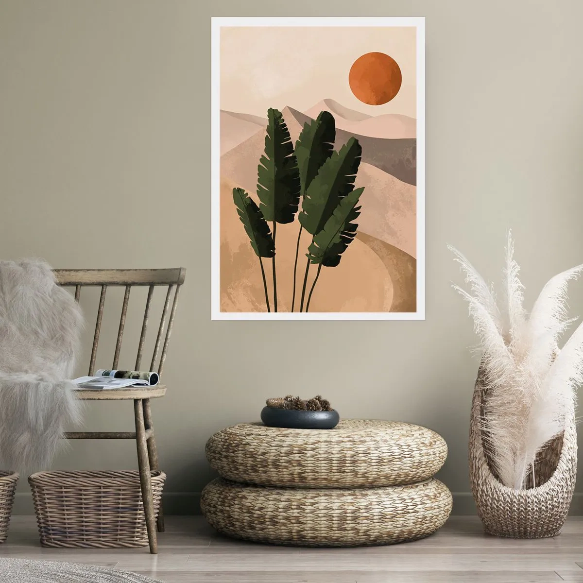 Affiche - Poster - Plantes dans un décor désertique avec le soleil couchant, paysage abstrait - 50x70cm - Le triomphe de la vie - Décoration murale moderne pour le salon et la chambre ARTTOR
