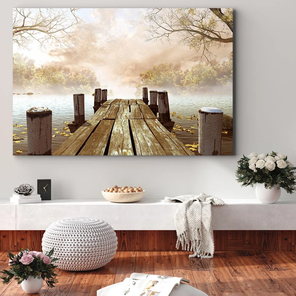 Impression sur toile - Image sur toile - Une jetée en bois menant à un lac calme dans la brume matinale - 120x80cm - La douce tristesse de l'automne - Décoration murale moderne pour le salon et la chambre ARTTOR