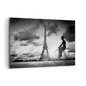 Impression sur toile - Image sur toile - Image en noir et blanc d'un vélo rétro avec la tour Eiffel en arrière-plan - 120x80cm - Nostalgie de la Belle Epoque - Décoration murale moderne pour le salon et la chambre ARTTOR