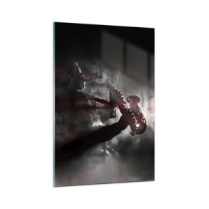 Impression sur verre - Image sur verre - Saxophoniste en fumée sur scène en noir et rouge atmosphérique - 80x120cm - Dans les brumes du jazz - Décoration murale moderne pour le salon et la chambre ARTTOR