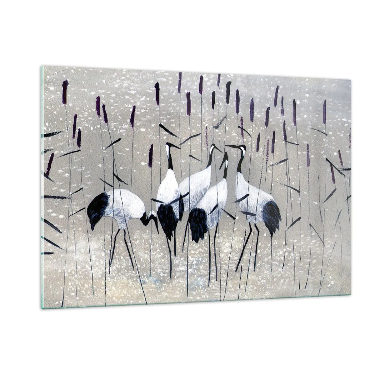 Impression sur verre - Image sur verre - Quatre grues parmi les roseaux au bord du lac - 120x80cm - Parmi les siens - Décoration murale moderne pour le salon et la chambre ARTTOR