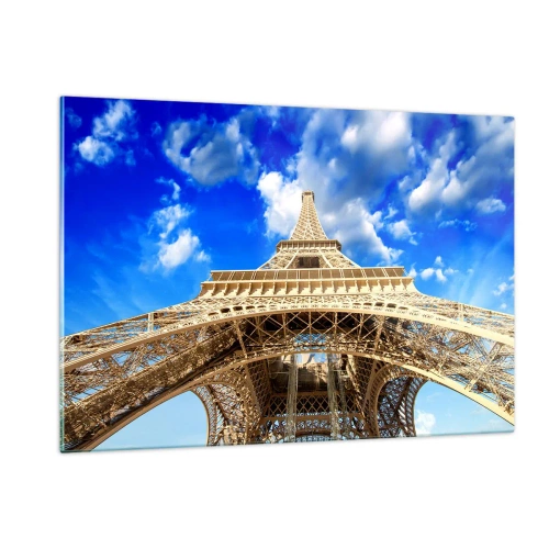 Impression sur verre - Image sur verre - La Tour Eiffel vue d'en haut contre le ciel - 120x80cm - Atteindre le ciel et les nuages - Décoration murale moderne pour le salon et la chambre ARTTOR