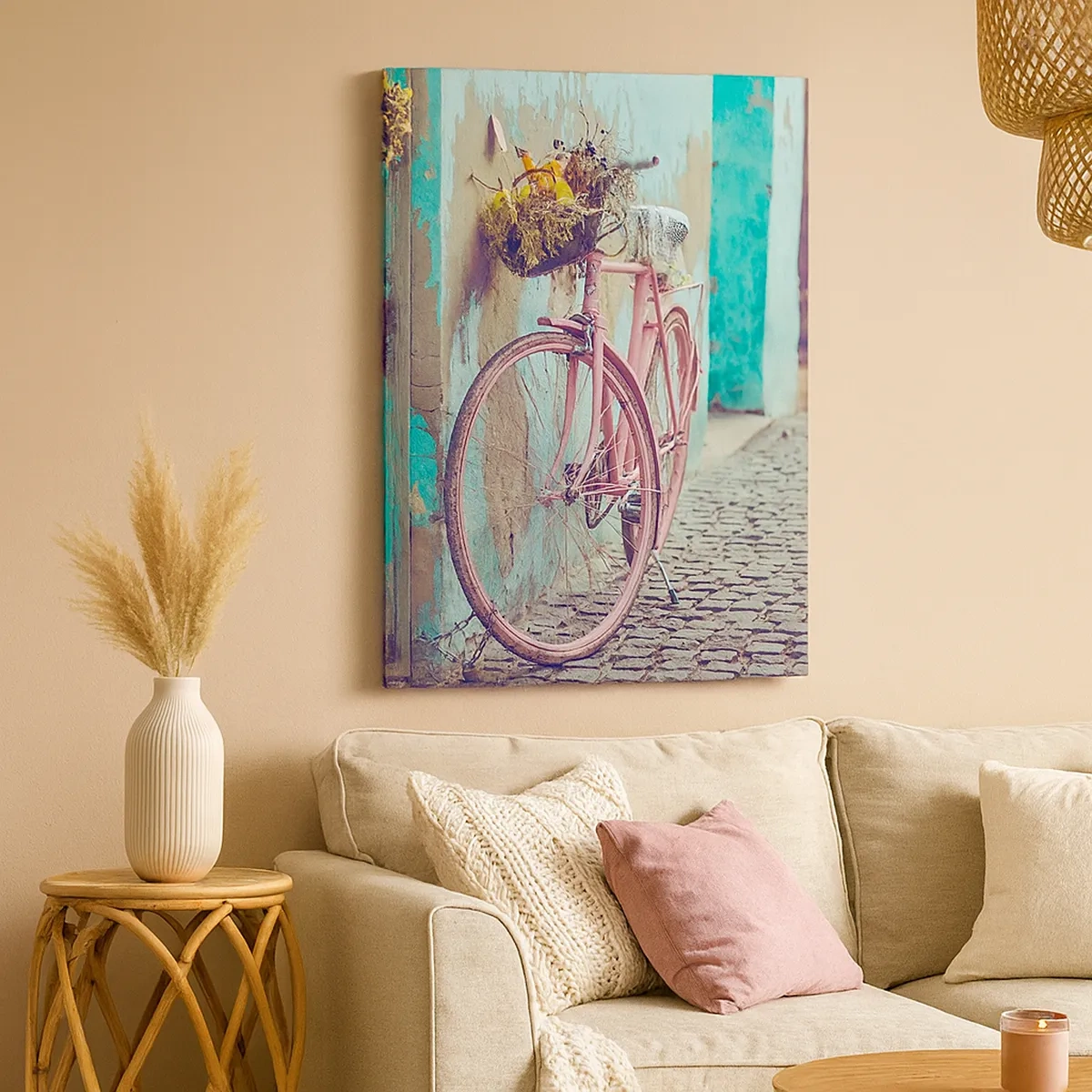 Impression sur toile - Image sur toile - Un vélo rose près d'une porte turquoise - 50x70cm - Je reviens tout de suite - Décoration murale moderne pour le salon et la chambre ARTTOR