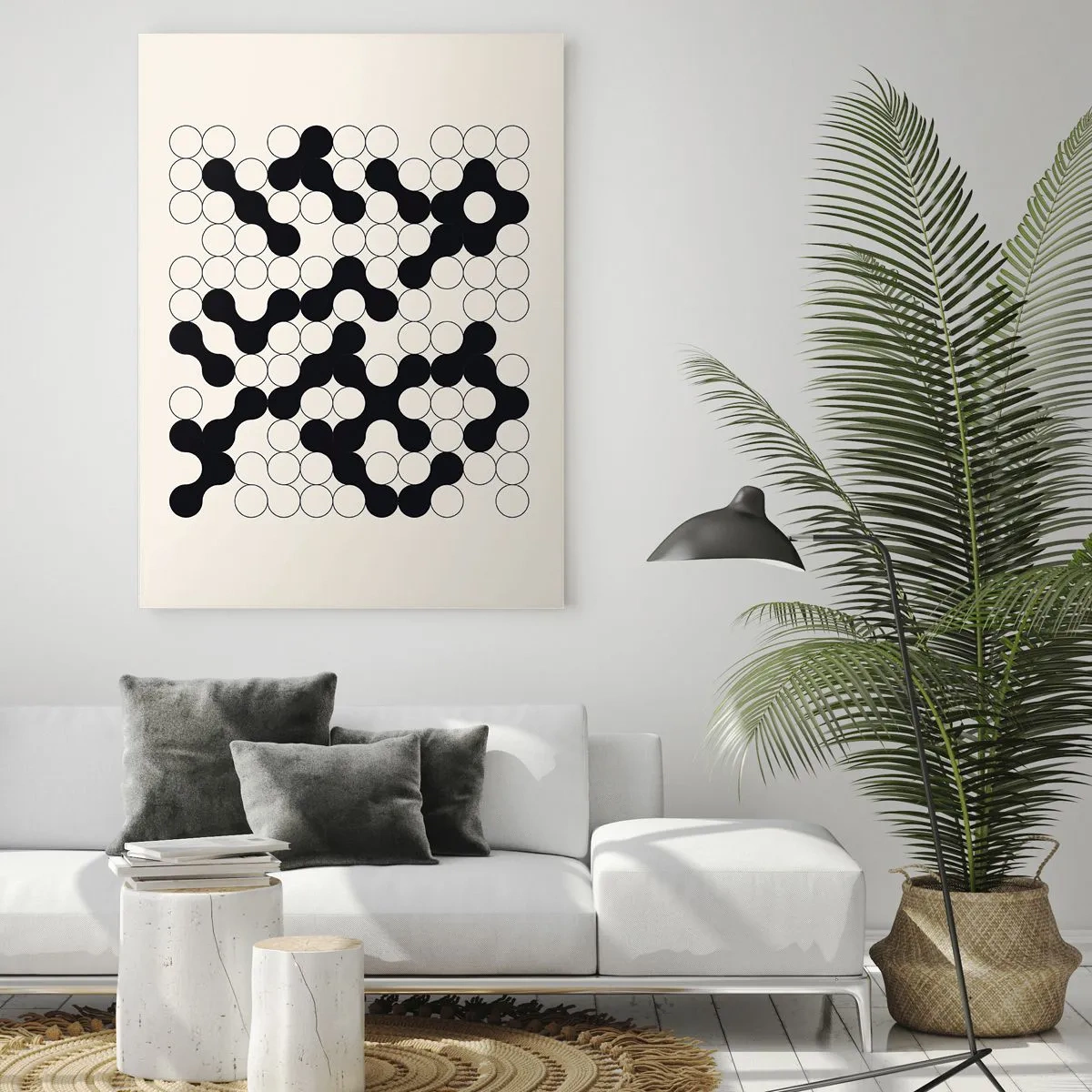 Impression sur verre - Image sur verre - Motifs noirs et blancs avec des cercles sur fond clair - 70x100cm - Jeu chinois – variation - Décoration murale moderne pour le salon et la chambre ARTTOR