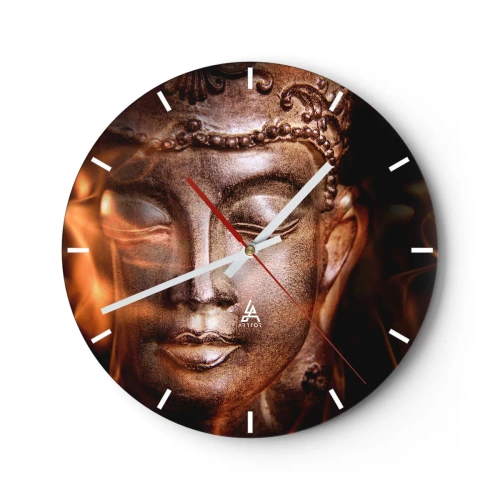 Horloge murale - Pendule murale - Une sculpture de Bouddha dorée avec une lumière douce en arrière-plan - 30x30cm - Il n'existe qu'ici et maintenant - Décoration murale moderne pour le salon, la cuisine et la chambre ARTTOR