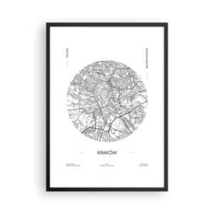 Affiche dans un cadre noir - Poster - Une carte minimaliste de Cracovie dans un cercle - 50x70cm - Anatomie de Cracovie - Décoration murale moderne pour le salon et la chambre ARTTOR