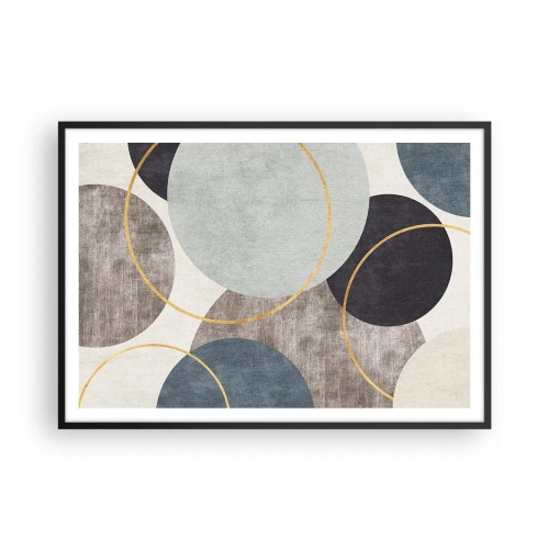 Affiche dans un cadre noir - Poster - Cercles géométriques dans les tons de gris, bleu et or - 100x70cm - Cercles sur cercles - Décoration murale moderne pour le salon et la chambre ARTTOR