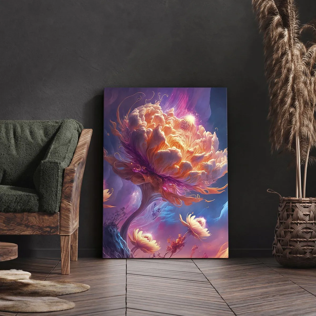 Impression sur toile - Image sur toile - Fleurs fantastiques dans un paysage cosmique - 50x70cm - Un autre monde - Décoration murale moderne pour le salon et la chambre ARTTOR