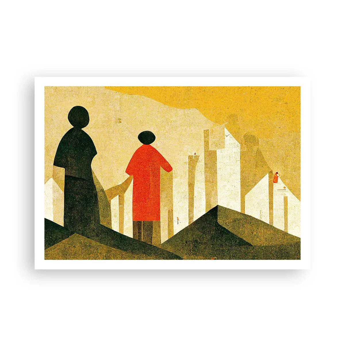 Affiche - Poster - Silhouettes géométriques en rouge et vert sur fond jaune - 100x70cm - La route est encore longue - Décoration murale moderne pour le salon et la chambre ARTTOR