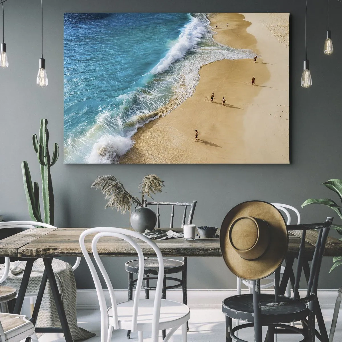 Impression sur toile - Image sur toile - Une plage avec de l'eau turquoise et des gens qui se promènent - 120x80cm - Et ensuite le soleil, la plage… - Décoration murale moderne pour le salon et la chambre ARTTOR