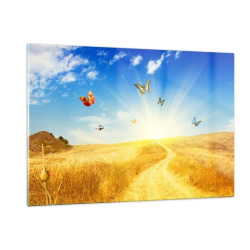 Impression sur verre - Image sur verre - Papillons planant au-dessus d'un chemin de terre au lever du soleil - 120x80cm - Et comment ne pas aimer l'été ? - Décoration murale moderne pour le salon et la chambre ARTTOR