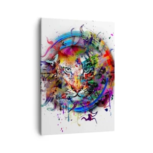 Impression sur toile - Image sur toile - Portrait coloré d'un lion dans un style abstrait - 50x70cm - Il se cache derrière un voile arc-en-ciel - Décoration murale moderne pour le salon et la chambre ARTTOR