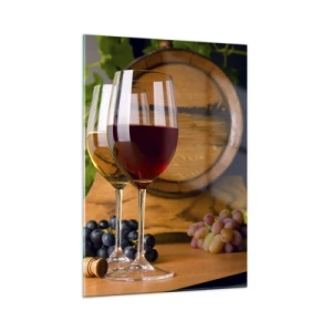 Impression sur verre - Image sur verre - Verres de vin, raisins et un tonneau sur fond de feuilles de vigne - 50x70cm - Comme les vieux maîtres - Décoration murale moderne pour le salon et la chambre ARTTOR