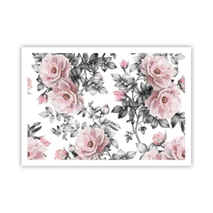 Affiche - Poster - Roses roses et feuilles sur un délicat fond noir et blanc - 100x70cm - Se perdre dans les fleurs des roses - Décoration murale moderne pour le salon et la chambre ARTTOR