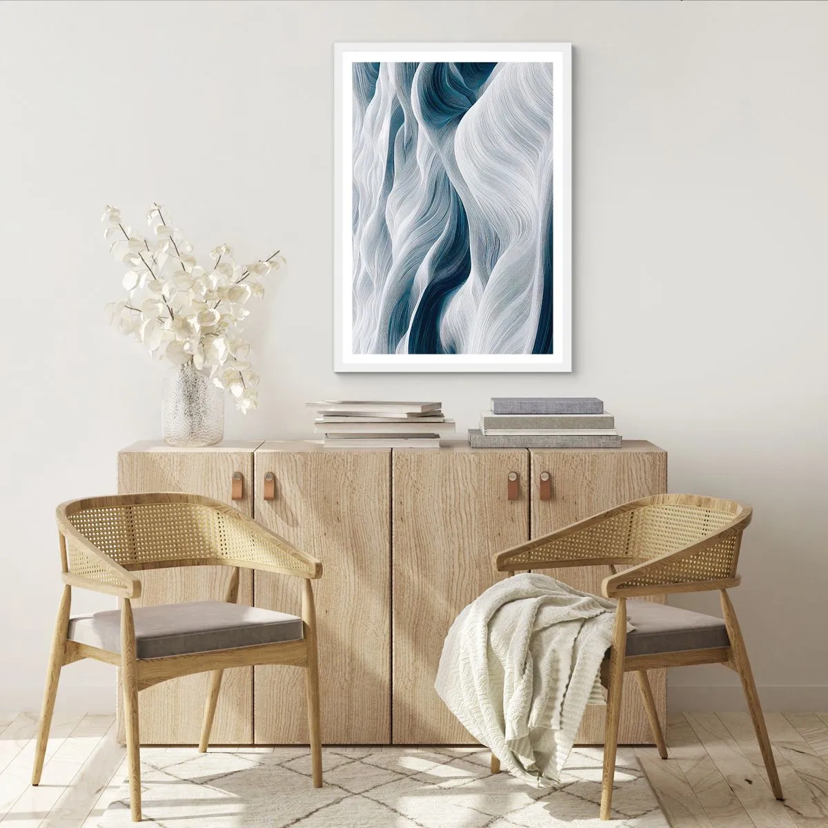 Affiche dans un cadre blanc - Poster - Vagues blanches et bleues - 40x50 cm