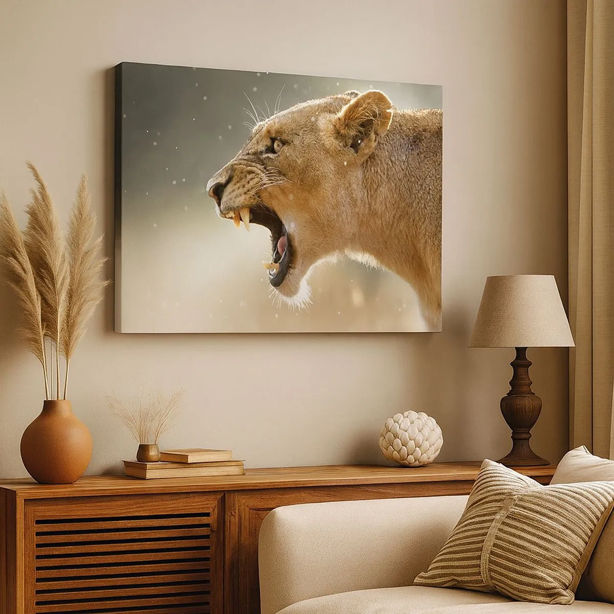Impression sur toile - Image sur toile - Portrait d'une lionne rugissante à la lumière naturelle - 70x50cm - Essayez de ne pas écouter - Décoration murale moderne pour le salon et la chambre ARTTOR