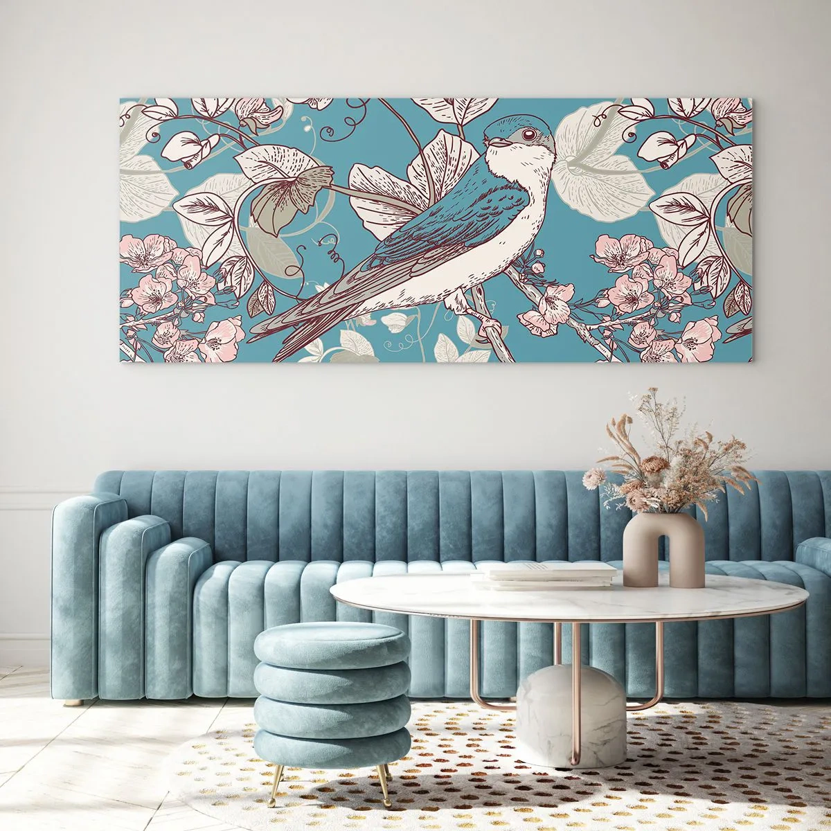 Impression sur verre - Image sur verre - Un oiseau sur une branche dans un style floral délicat - 120x50cm - Dans le bois blanc du rouge et de l'argent - Décoration murale moderne pour le salon et la chambre ARTTOR