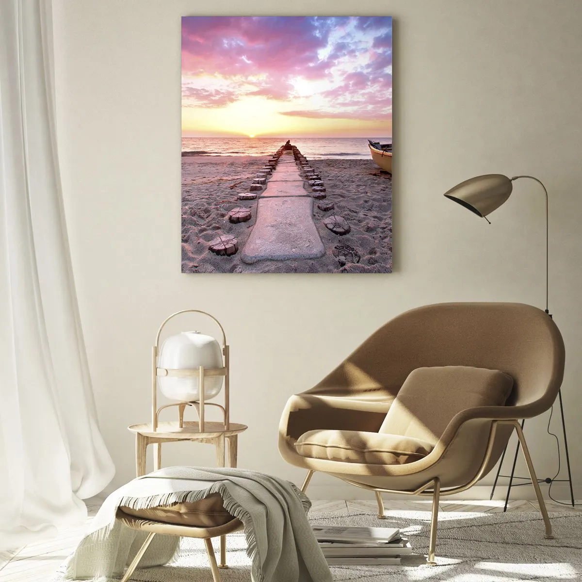Impression sur verre - Image sur verre - Plage au lever du soleil avec bateau et jetée - 80x120cm - Moment d'expérience profonde - Décoration murale moderne pour le salon et la chambre ARTTOR