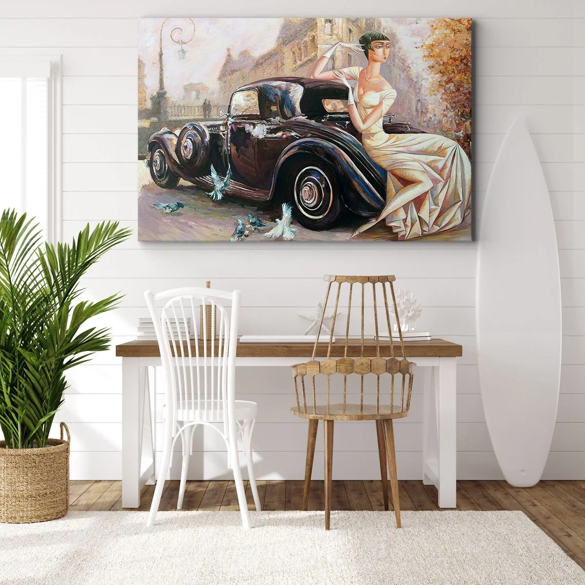 Impression sur toile - Image sur toile - Femme rétro à côté d'une voiture classique - 100x70cm - L'élégance dans un style rétro - Décoration murale moderne pour le salon et la chambre ARTTOR