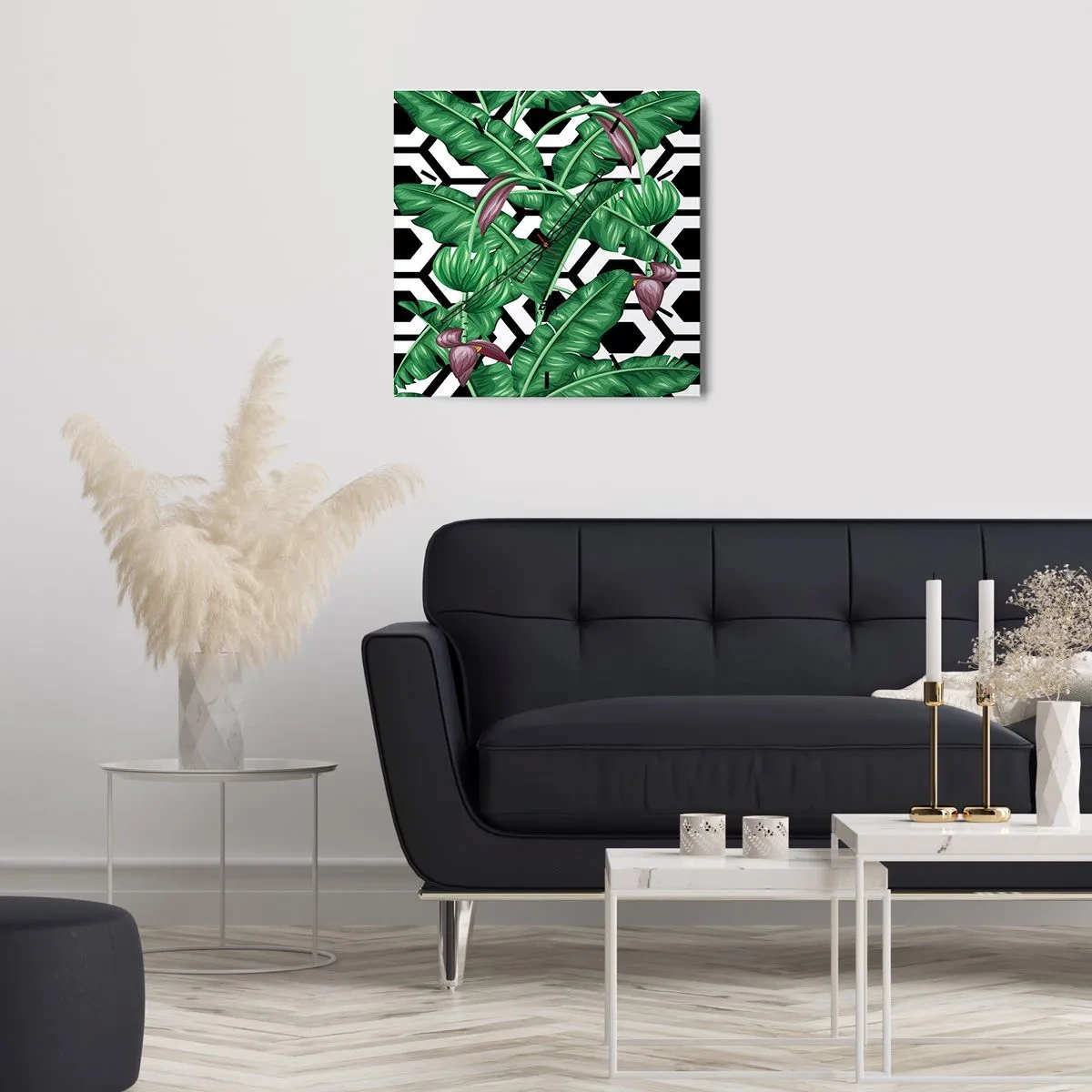 Horloge murale - Pendule murale - Feuilles tropicales sur fond géométrique - 30x30cm - Une composition symétrique par nature - Décoration murale moderne pour le salon et la chambre ARTTOR