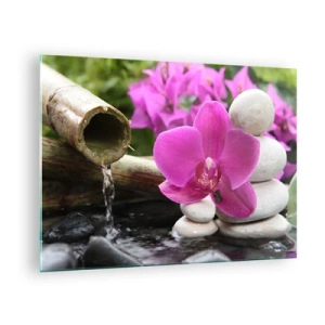 Impression sur verre - Image sur verre - Orchidée violette, pierres et cascade de bambou - 70x50cm - Tu te reposes déjà - Décoration murale moderne pour le salon et la chambre ARTTOR