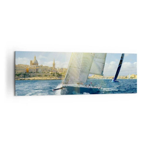 Impression sur toile - Image sur toile - Course de yachts sur fond de côte ensoleillée - 160x50cm - Il est temps de quitter la ville - Décoration murale moderne pour le salon et la chambre ARTTOR