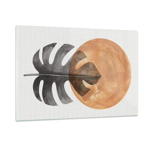 Impression sur verre - Image sur verre - Feuille de Monstera et cercle orange dans un style graphique sur fond blanc. - 120x80cm - Toujours le soleil - Décoration murale moderne pour le salon et la chambre ARTTOR