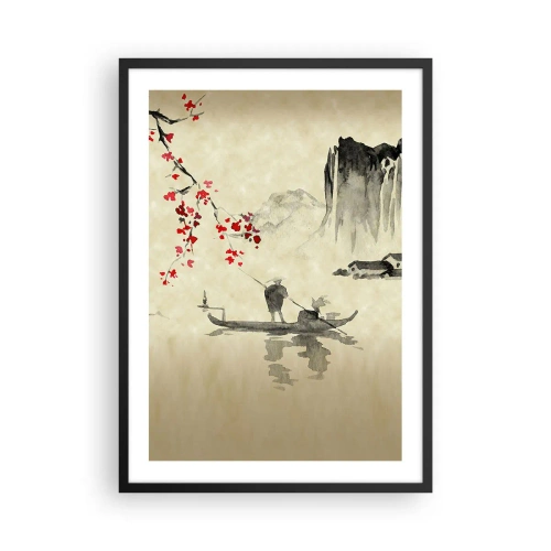 Affiche dans un cadre noir - Poster - Scène orientale avec des pêcheurs sur un bateau - 50x70cm - Au pays des cerisiers en fleurs - Décoration murale moderne pour le salon et la chambre ARTTOR