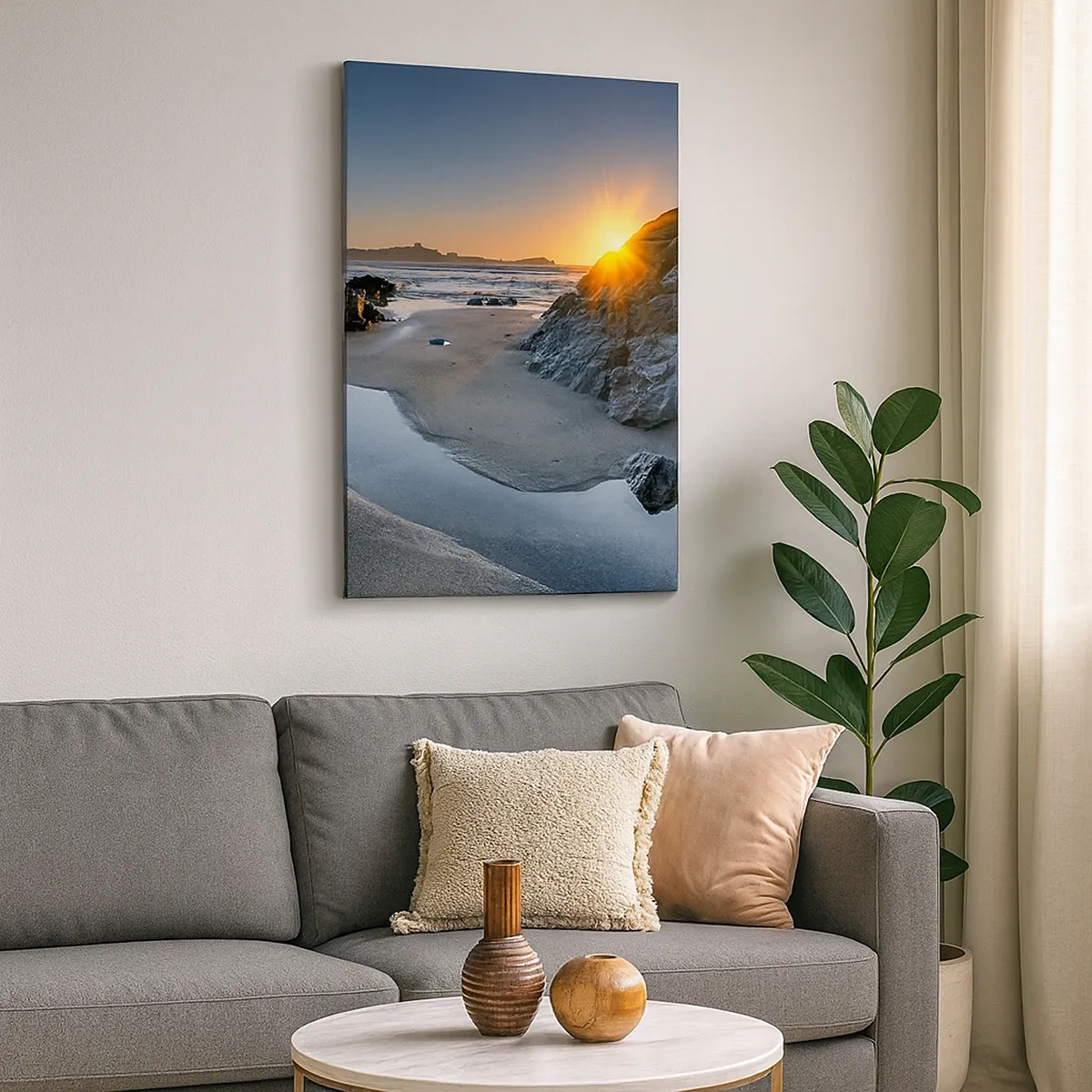 Impression sur toile - Image sur toile - Coucher de soleil pittoresque sur une plage rocheuse - 50x70cm - Intouché par la main de l'homme - Décoration murale moderne pour le salon et la chambre ARTTOR