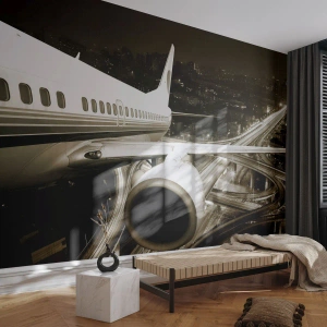 Papier Peint Photo Premium Sand - Un avion au-dessus d'une ville nocturne avec un réseau d'autoroutes - 100x70cm - Vole dans la nuit - Décoration murale moderne pour le salon et la chambre ARTTOR