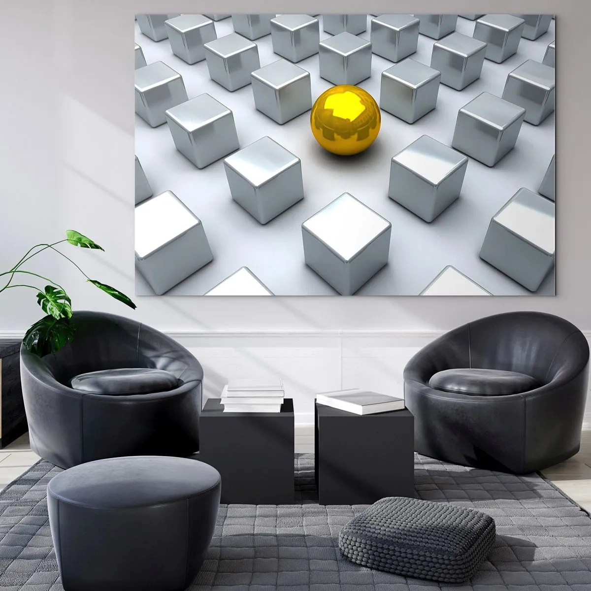 Impression sur verre - Image sur verre - Une sphère dorée entourée de cubes d'argent - 120x80cm - Pourquoi moi? Composition géométrique - Décoration murale moderne pour le salon et la chambre ARTTOR