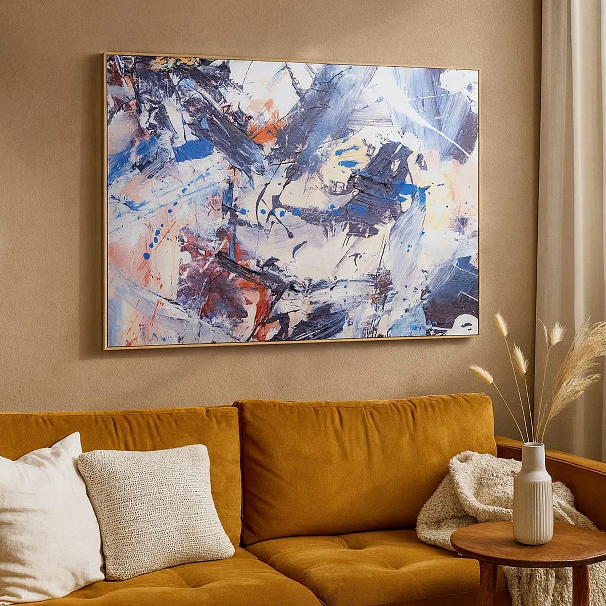 Impression sur toile - Image sur toile - Abstraction avec des coups de pinceau dynamiques en bleu et rouge. - 70x50cm - La danse folle de l'abstrait - Décoration murale moderne pour le salon et la chambre ARTTOR