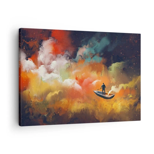 Impression sur toile - Image sur toile - Une silhouette dans un bateau sur un fond de nuages colorés - 70x50cm - En bateau à travers la galaxie - Décoration murale moderne pour le salon et la chambre ARTTOR