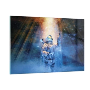 Impression sur verre - Image sur verre - Un astronaute dans l'espace illuminé par des rayons de lumière - 120x80cm - Enfin arrivé - Décoration murale moderne pour le salon et la chambre ARTTOR