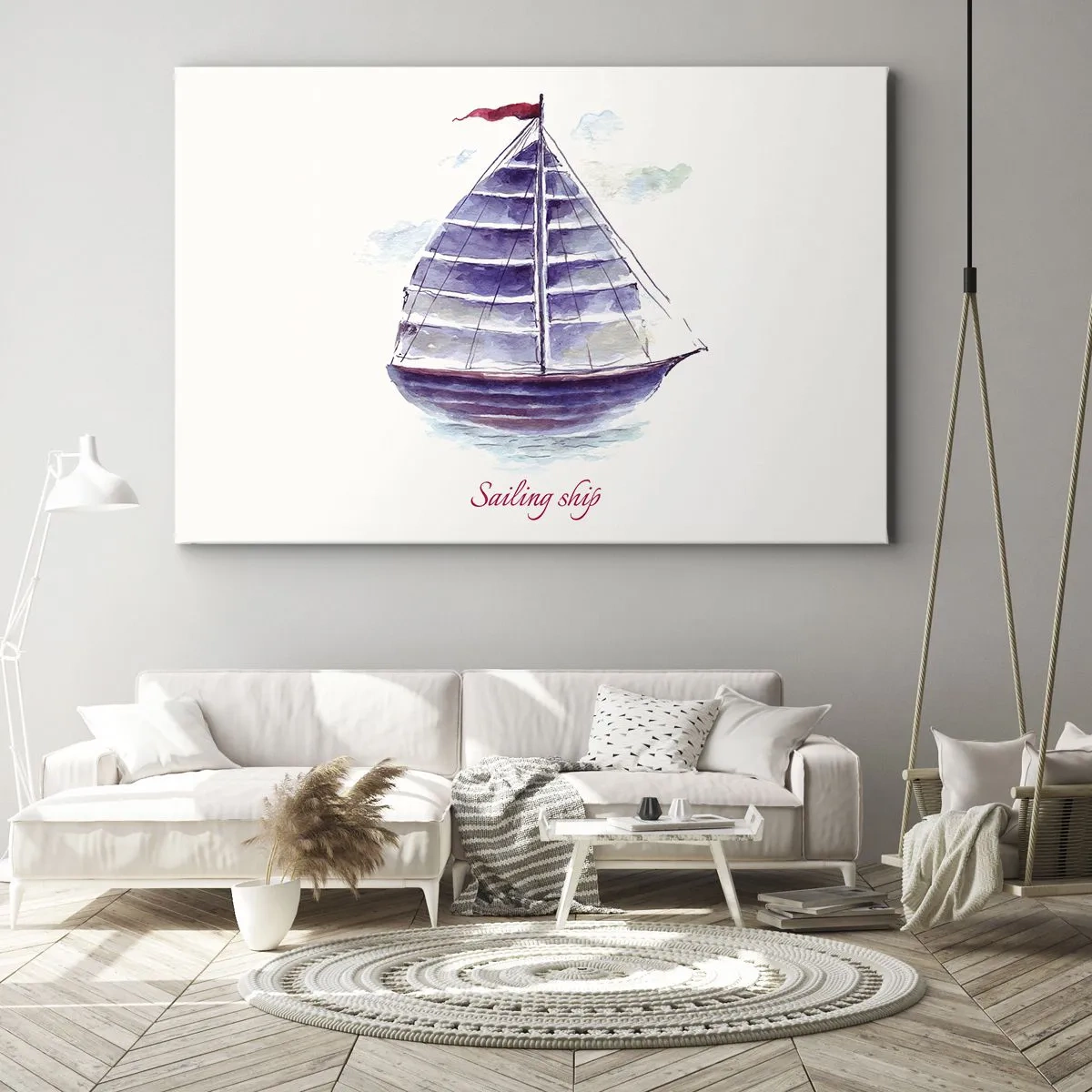Impression sur toile - Image sur toile - Une aquarelle représentant un voilier sur l'eau avec une inscription délicate - 120x80cm - Plein de voiles et d’eau calme - Décoration murale moderne pour le salon et la chambre ARTTOR