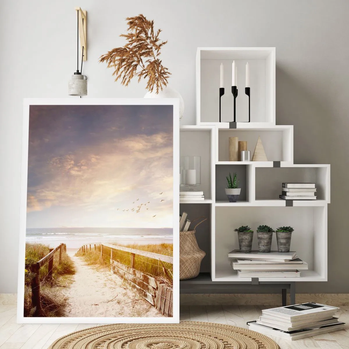 Affiche - Poster - Chemin vers la plage au coucher du soleil avec des oiseaux qui volent - 50x70cm - Un espace de paix - Décoration murale moderne pour le salon et la chambre ARTTOR