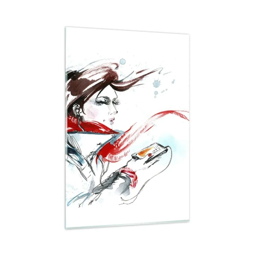 Impression sur verre - Image sur verre - Une femme portant un foulard rouge avec des traits d'aquarelle dynamiques - 80x120cm - Quelque chose se passe en moi - Décoration murale moderne pour le salon et la chambre ARTTOR