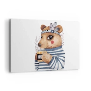 Impression sur toile - Image sur toile - Un ours en peluche dans un pull rayé avec une tasse de miel - 120x80cm - Un nounours trop mignon - Décoration murale moderne pour le salon et la chambre ARTTOR