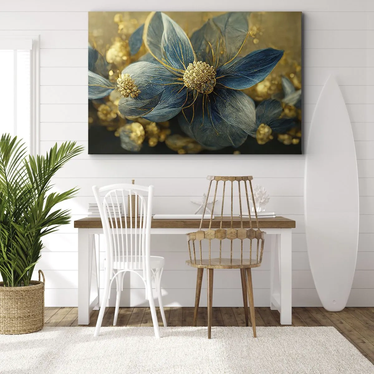 Impression sur toile - Image sur toile - Fleurs élégantes dans des tons de bleu et d'or - 100x70cm - Fleurir avec de l'or - Décoration murale moderne pour le salon et la chambre ARTTOR
