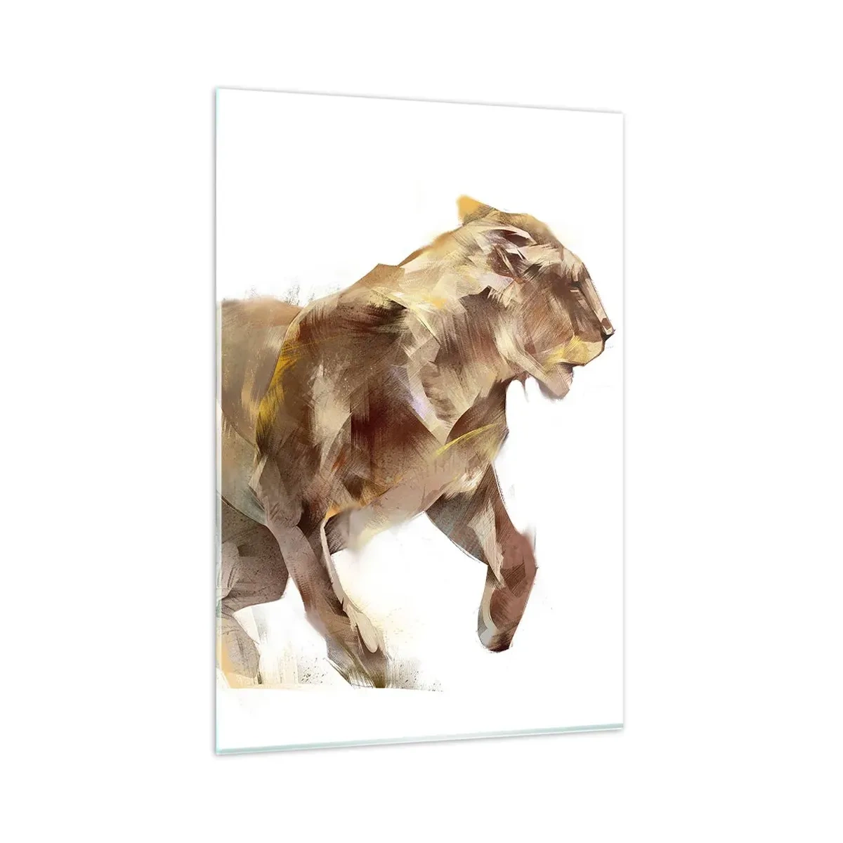 Impression sur verre - Image sur verre - Une lionne qui court dans une interprétation artistique - 80x120cm - Grâce sauvage - Décoration murale moderne pour le salon et la chambre ARTTOR