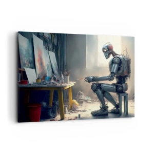Impression sur toile - Image sur toile - Un robot peignant un tableau dans un atelier d'art - 100x70cm - L'acte de création - Décoration murale moderne pour le salon et la chambre ARTTOR