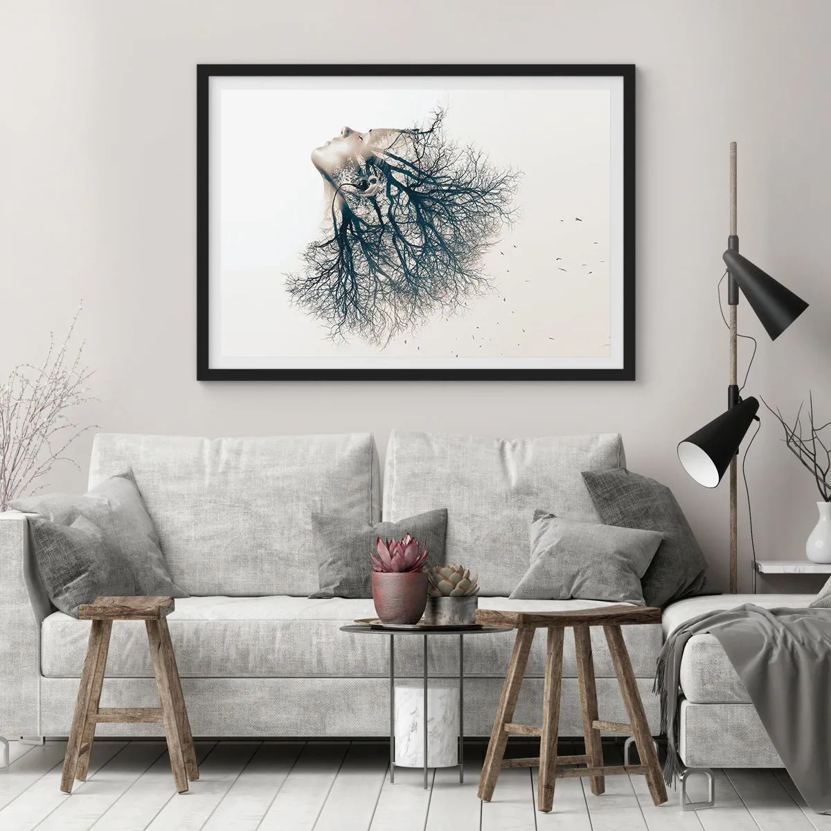 Affiche dans un cadre noir - Poster - Silhouette créative d'une femme et d'arbres - 100x70cm - Écouter le murmure des arbres - Décoration murale moderne pour le salon et la chambre ARTTOR