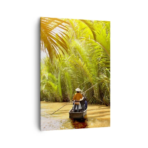 Impression sur toile - Image sur toile - Un bateau sur une rivière entourée de végétation tropicale - 70x100cm - Ravin de palmier - Décoration murale moderne pour le salon et la chambre ARTTOR