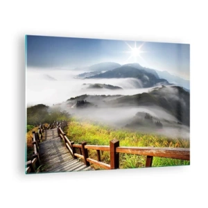 Impression sur verre - Image sur verre - Paysage de montagne avec brouillard et un chemin en bois au lever du soleil - 70x50cm - Tissé d'éblouissement et de brouillard - Décoration murale moderne pour le salon et la chambre ARTTOR
