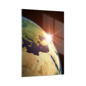 Impression sur verre - Image sur verre - La Terre illuminée par le soleil levant depuis l'espace - 50x70cm - Lever de soleil - Décoration murale moderne pour le salon et la chambre ARTTOR