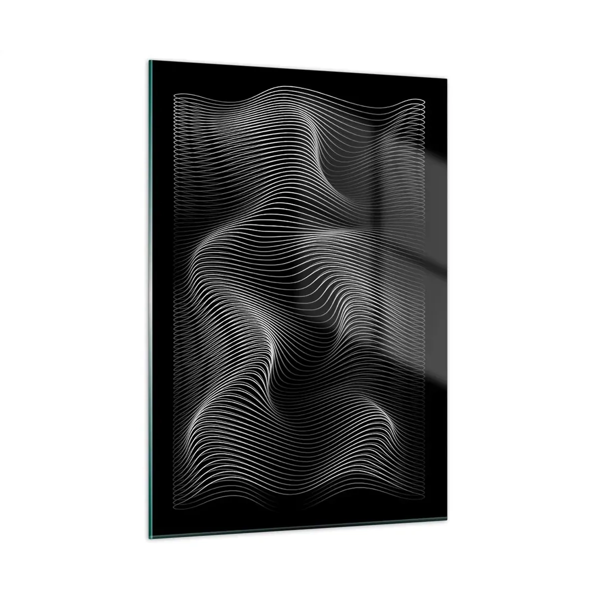 Impression sur verre - Image sur verre - Des lignes blanches hypnotisantes ondulant sur un fond noir - 50x70cm - Danse de lumière dans l'espace - Décoration murale moderne pour le salon et la chambre ARTTOR