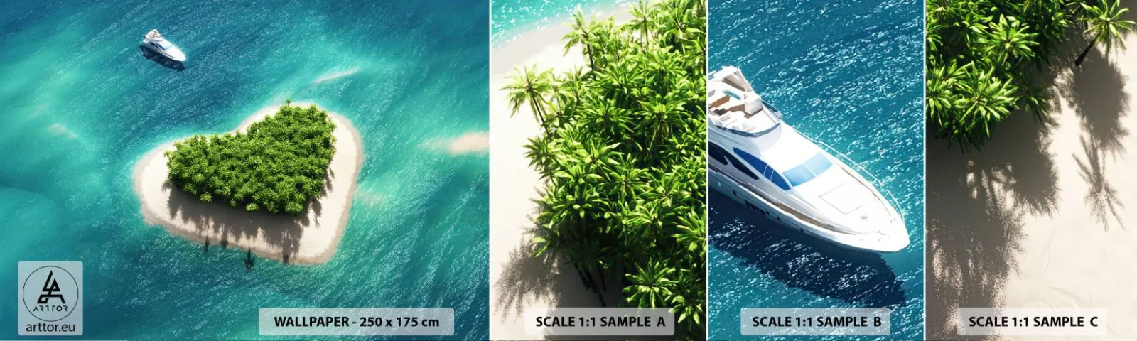 Échantillon De Papier Peint Standard Eco - J'aime l'été - Paysage, Île dans l'océan, Yacht - 100x30 cm
