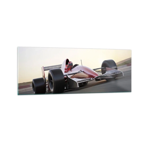 Impression sur verre - Image sur verre - Une voiture de Formule 1 rouge sur une piste de course en conduisant - 140x50cm - Toujours gagnant - Décoration murale moderne pour le salon et la chambre ARTTOR
