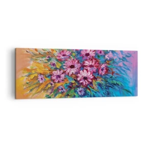 Impression sur toile - Image sur toile - Fleurs colorées dans un bouquet sur un fond de couleur pastel - 140x50cm - Énergie de la vie - Décoration murale moderne pour le salon et la chambre ARTTOR